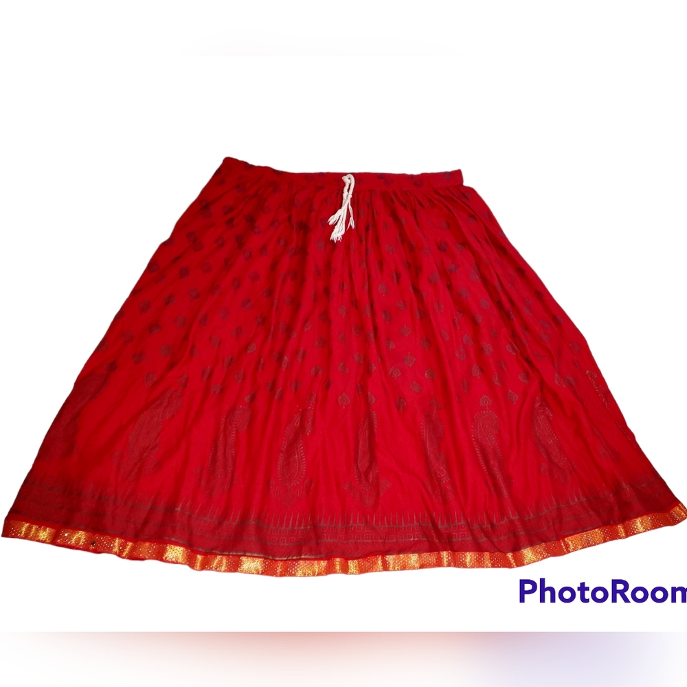Vintage Red Indian Hippie Skirt with Gold Trim and Drawstring XXL